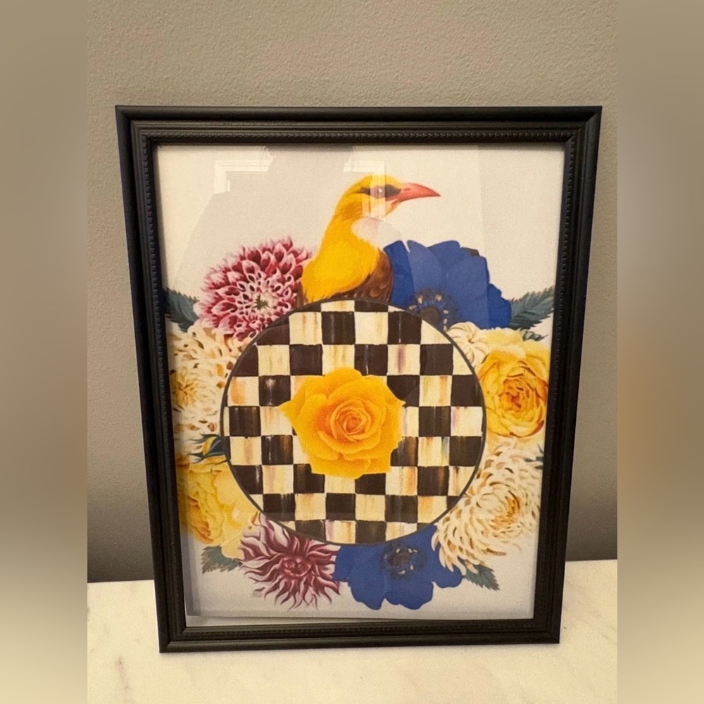 Framed 8x10 Checkered Art Print Bird Flowers Checkered Black Mackenzie Childs